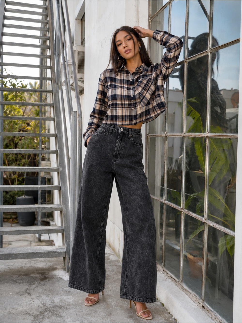 NEW nlt LA Cropped Soft Tartan Plaid Flannel Longsleeve Button Down, Sz Small
